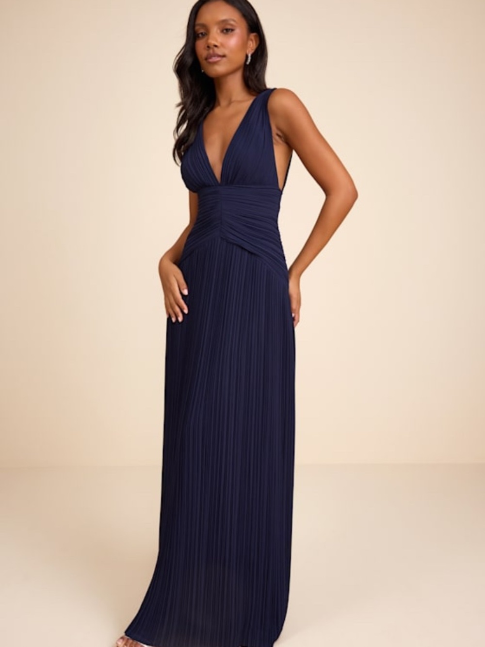 Lulus Kelina Navy Blue Pleated Drop Waist Maxi Dress - Size L